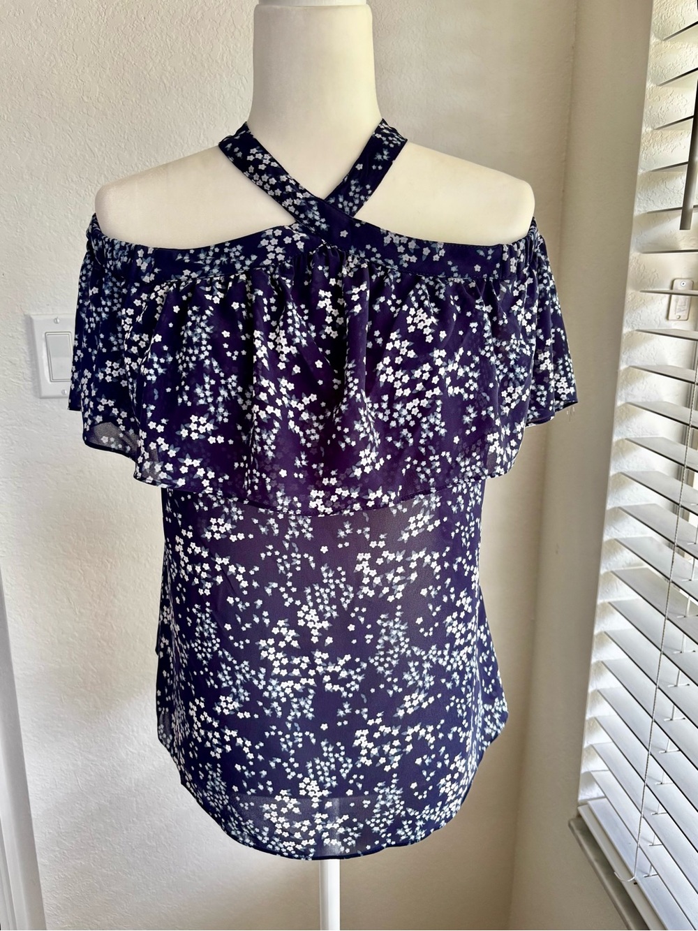 Michael Kors Navy and White Floral Cold-Shoulder Halter Top